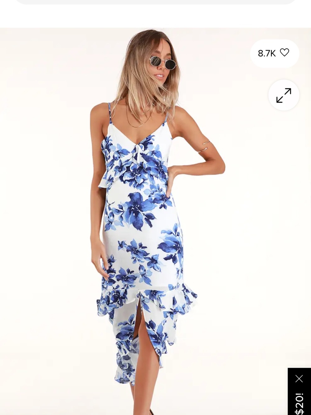 Lulu’s Island Time Blue and White Floral Print Ruffled Midi Dress
